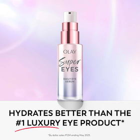 Olay Super Eye Serum on bathroom counter in morning routine setting conveying refreshed eyes