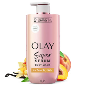 Olay bottle front packaging showing 28 fl oz and benefits