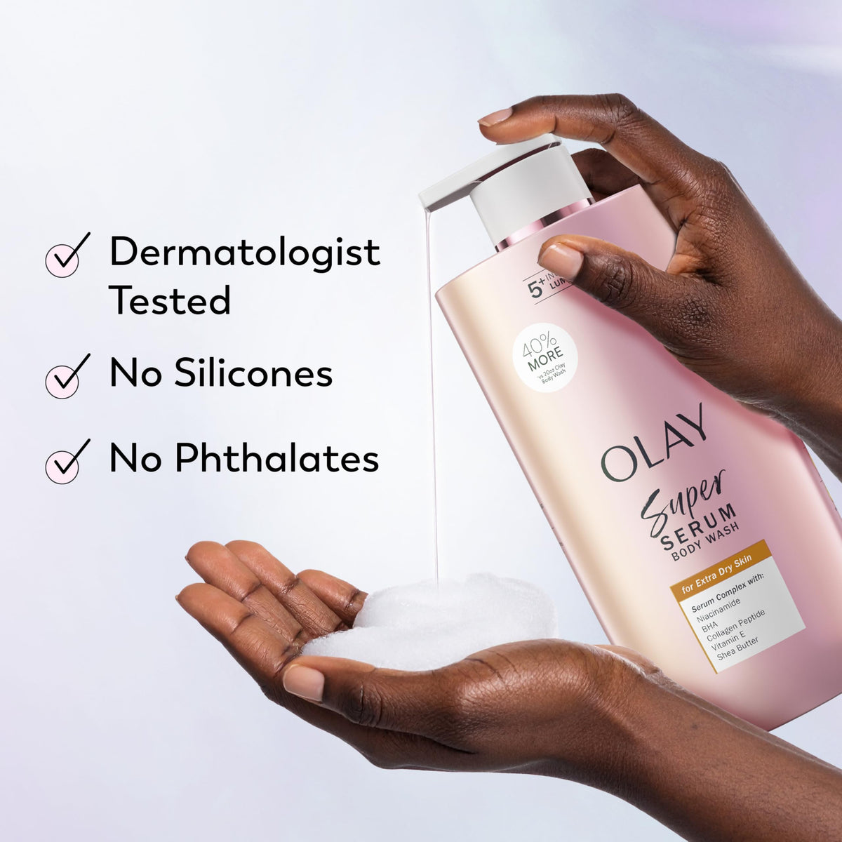 Olay product label close-up showing dermatologist-tested claims