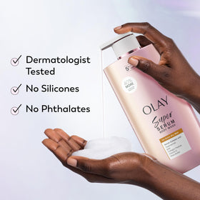 Olay product label close-up showing dermatologist-tested claims