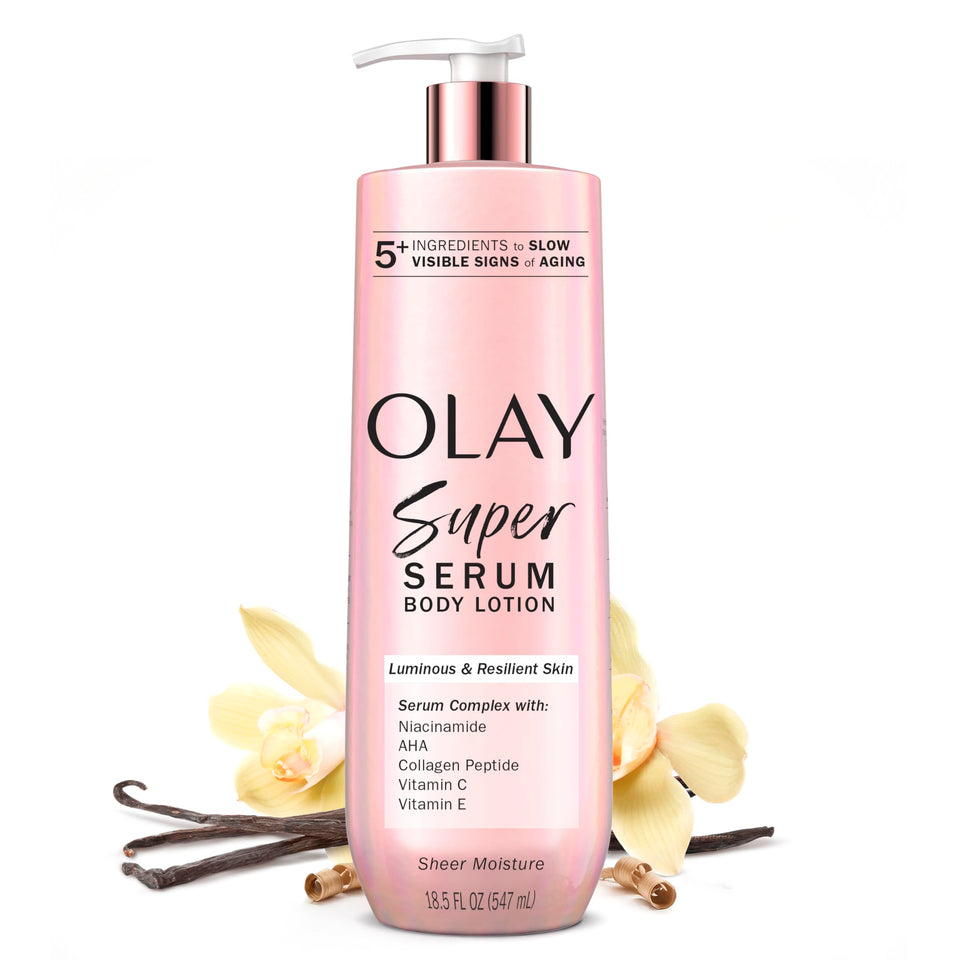 Olay front bottle shot showing packaging and 24hr hydration benefits