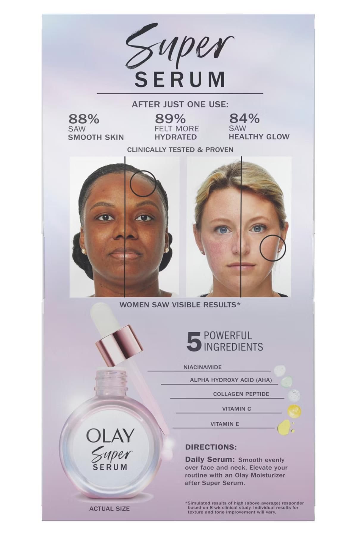 Olay product label listing active ingredients for visible skin benefits