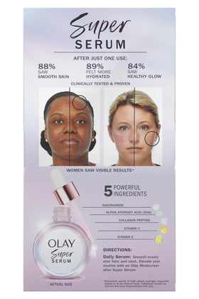 Olay product label listing active ingredients for visible skin benefits