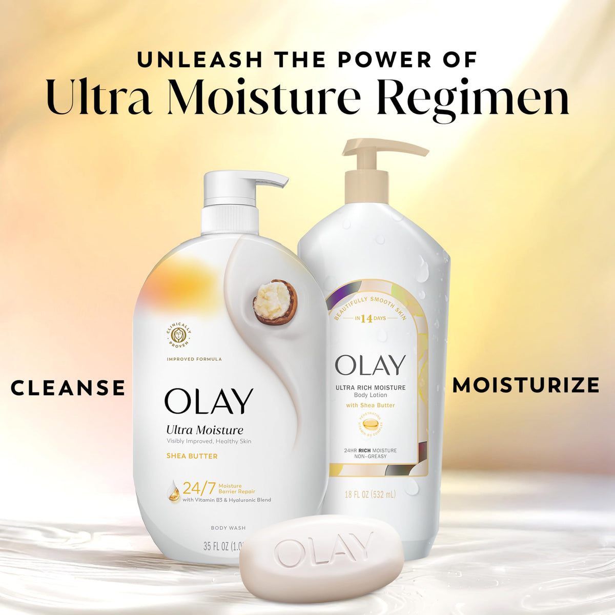 Olay wash paired with Olay lotion on shelf to lock in daily moisture