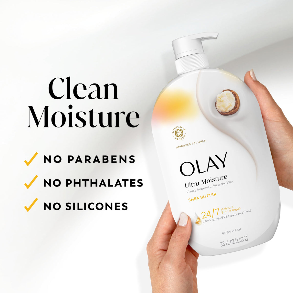 Person using Olay body wash in shower demonstrating hydrated skin result
