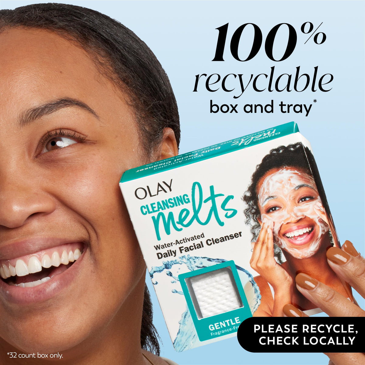 Olay using pad on face demonstrating gentle cleansing for sensitive skin