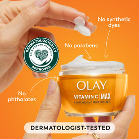 Olay product label showing active ingredients for brighter-looking skin