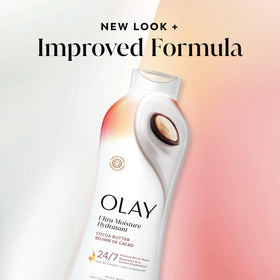 Olay body wash in use on arm showing hydrated, softened skin appearance
