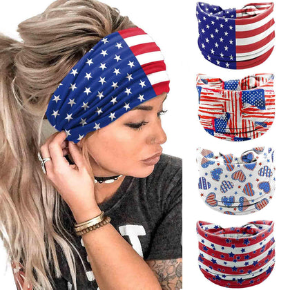 Olbye front view of four patriotic headbands showing stars and stripes — stylish accessory
