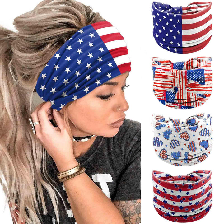 Olbye front view of four patriotic headbands showing stars and stripes — stylish accessory
