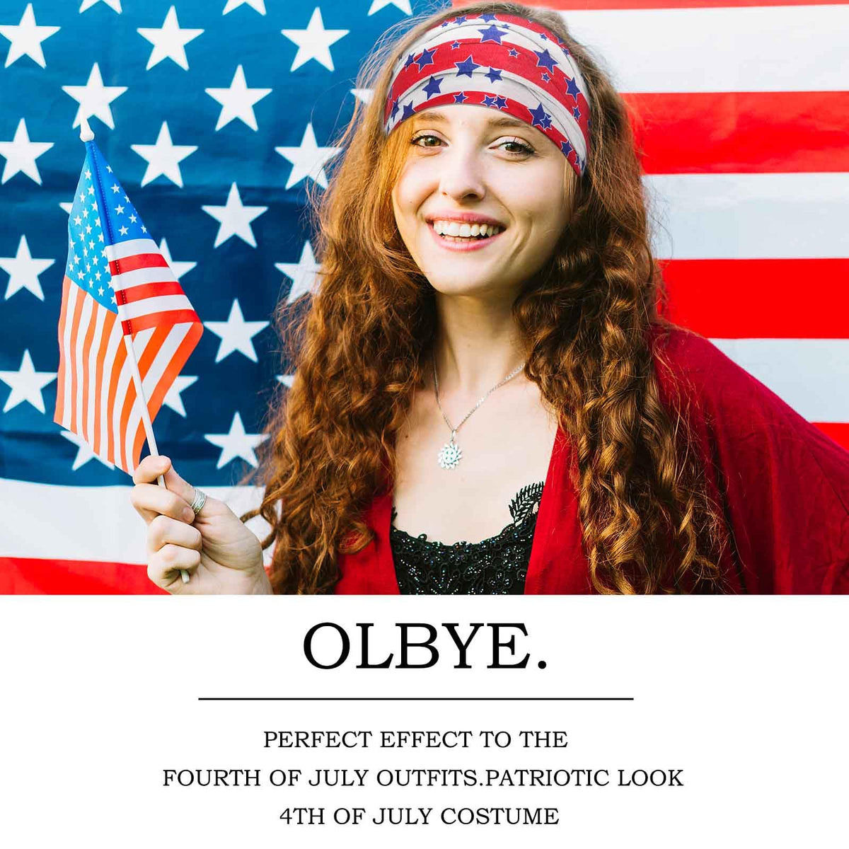 Olbye model wearing a red white blue headband outdoors for a festive look