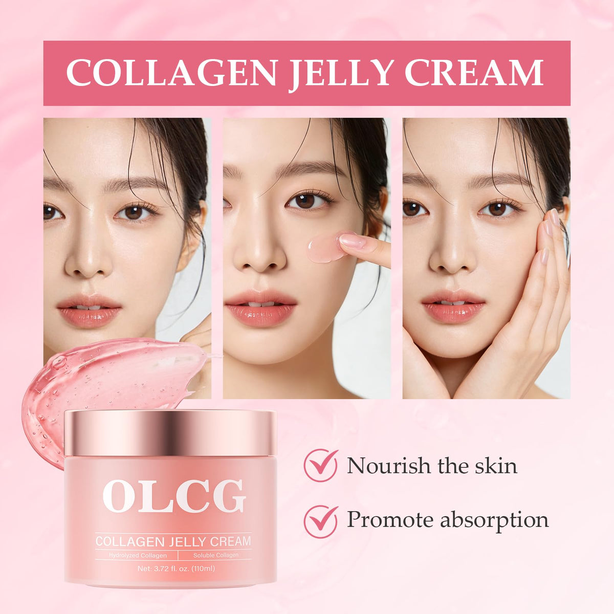 OLCG label close-up listing collagen and niacinamide for brightness and firmness