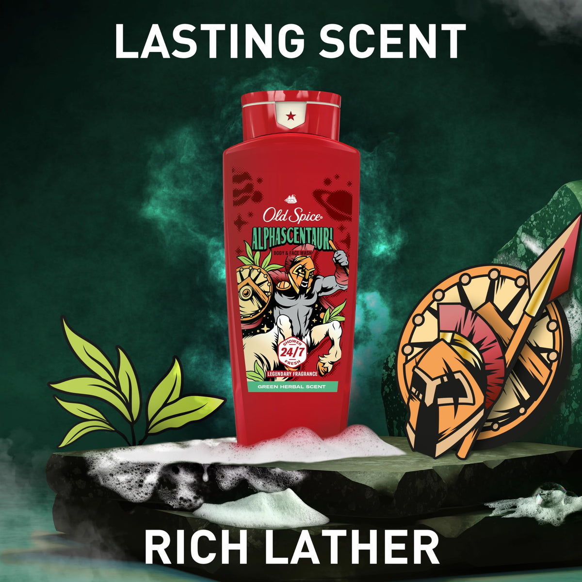 Old Spice AlphaScentauri on bathroom shelf for convenient everyday access