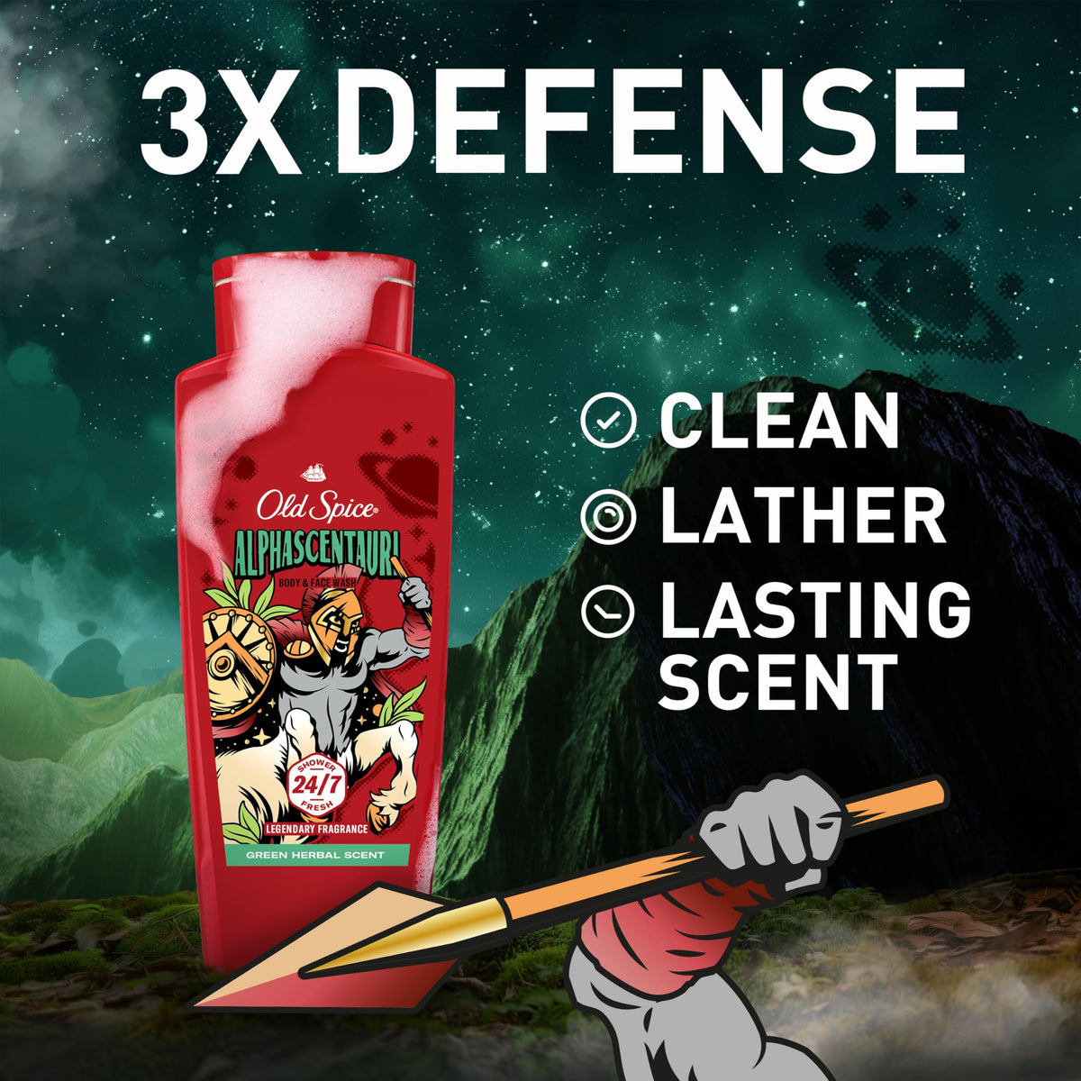 Old Spice AlphaScentauri pouring into palm emphasizing rich lather