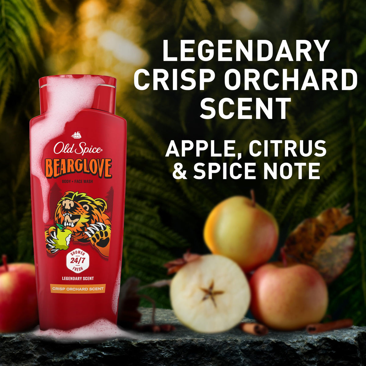 Old Spice Bearglove apple and citrus props showing crisp orchard scent
