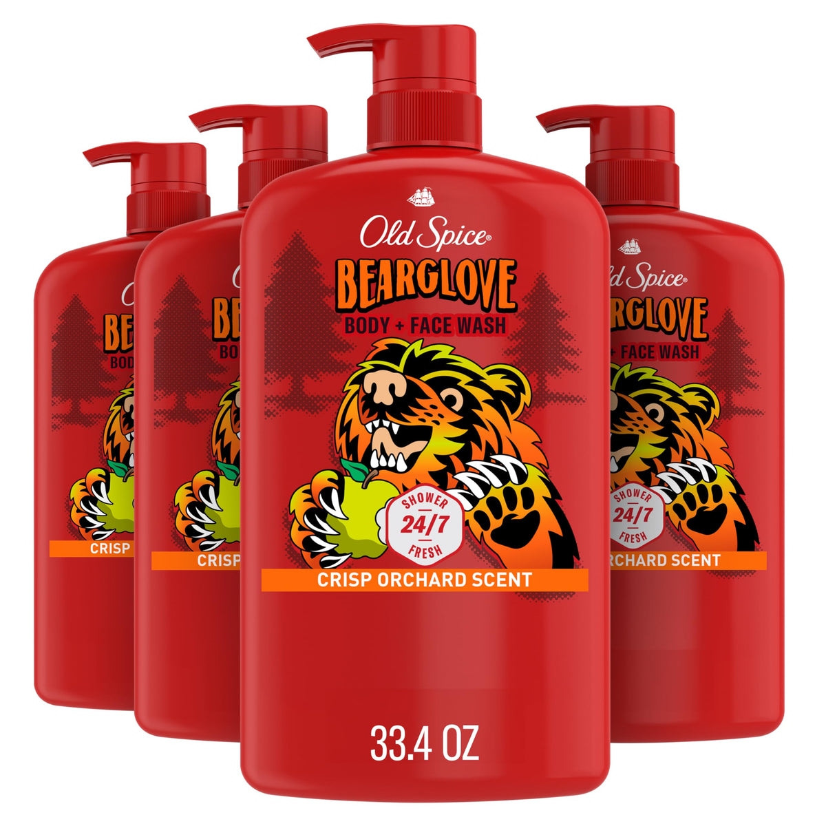 Old Spice Bearglove front packaging shows large bottle and crisp orchard scent benefit