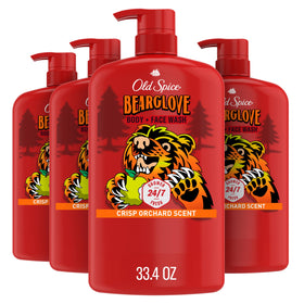 Old Spice Bearglove front packaging shows large bottle and crisp orchard scent benefit
