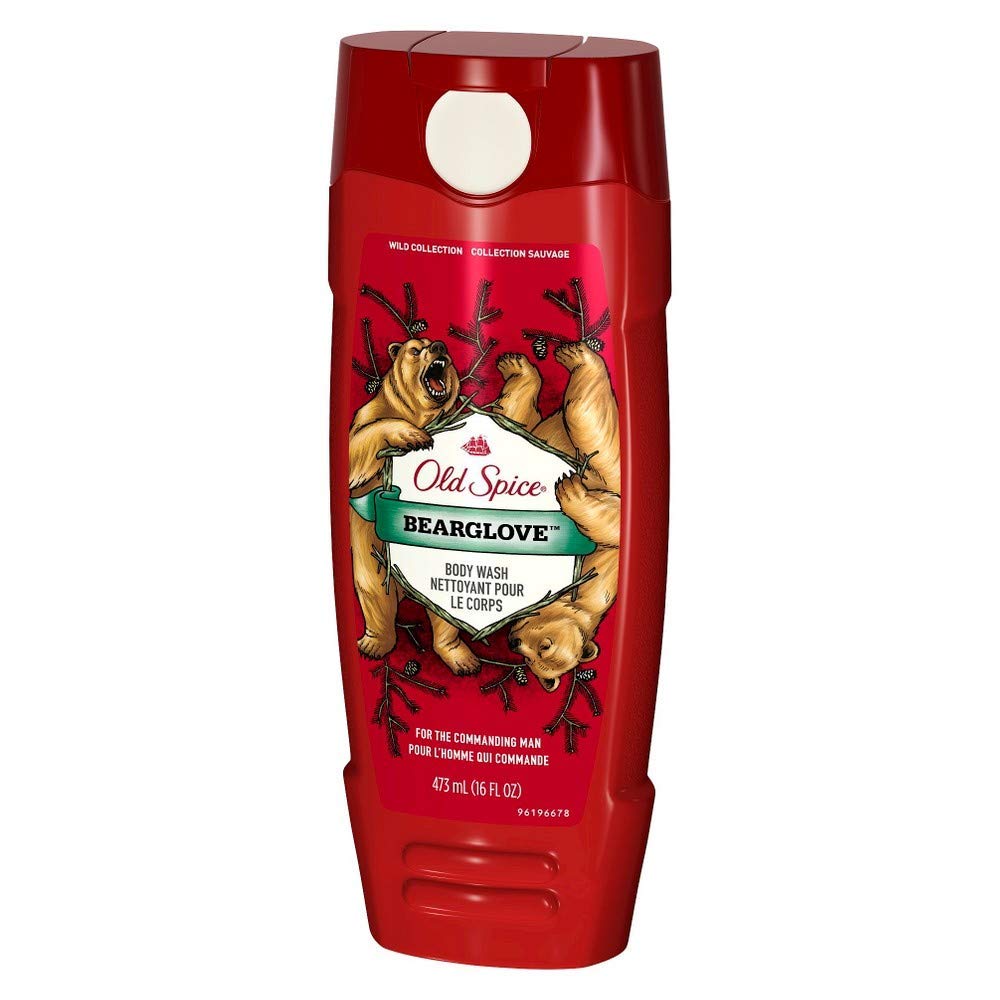 Old Spice Bearglove front bottle view shows bold red packaging and confident scent