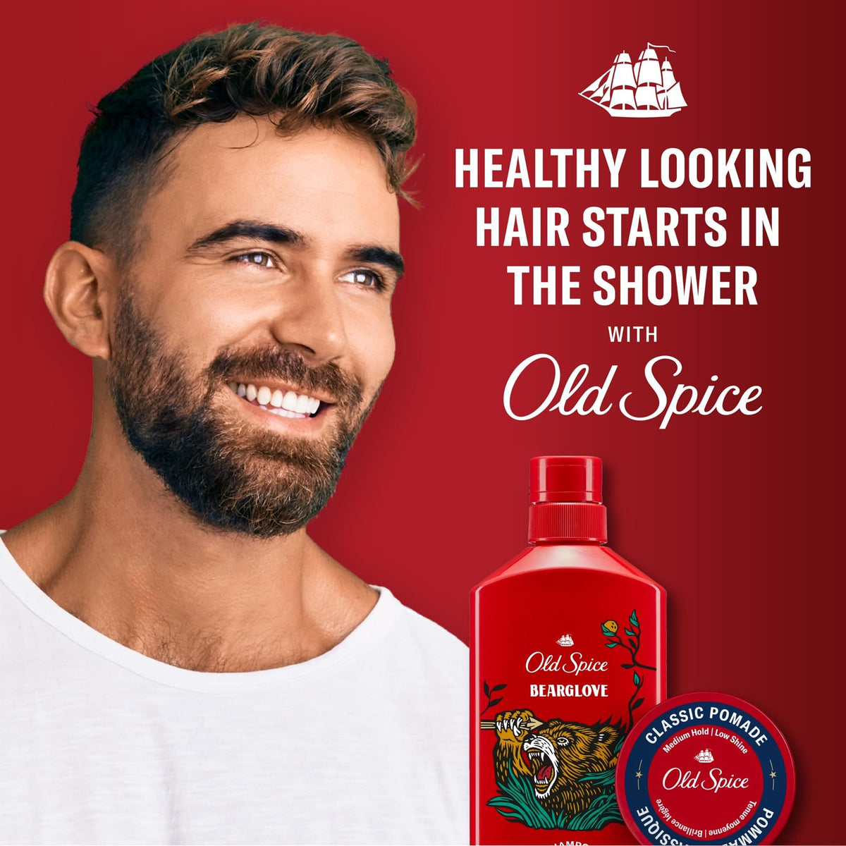 Old Spice Bearglove in-shower lifestyle shot showing quick one-step grooming benefit