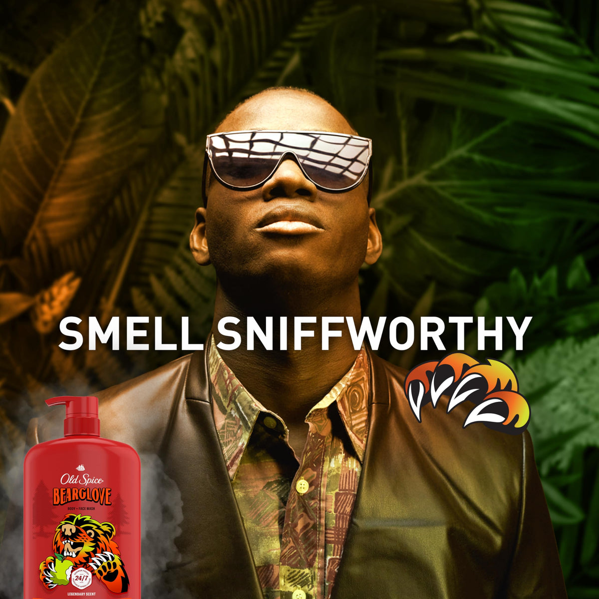 Old Spice Bearglove in use in shower demonstrating 2‑in‑1 face and body benefit