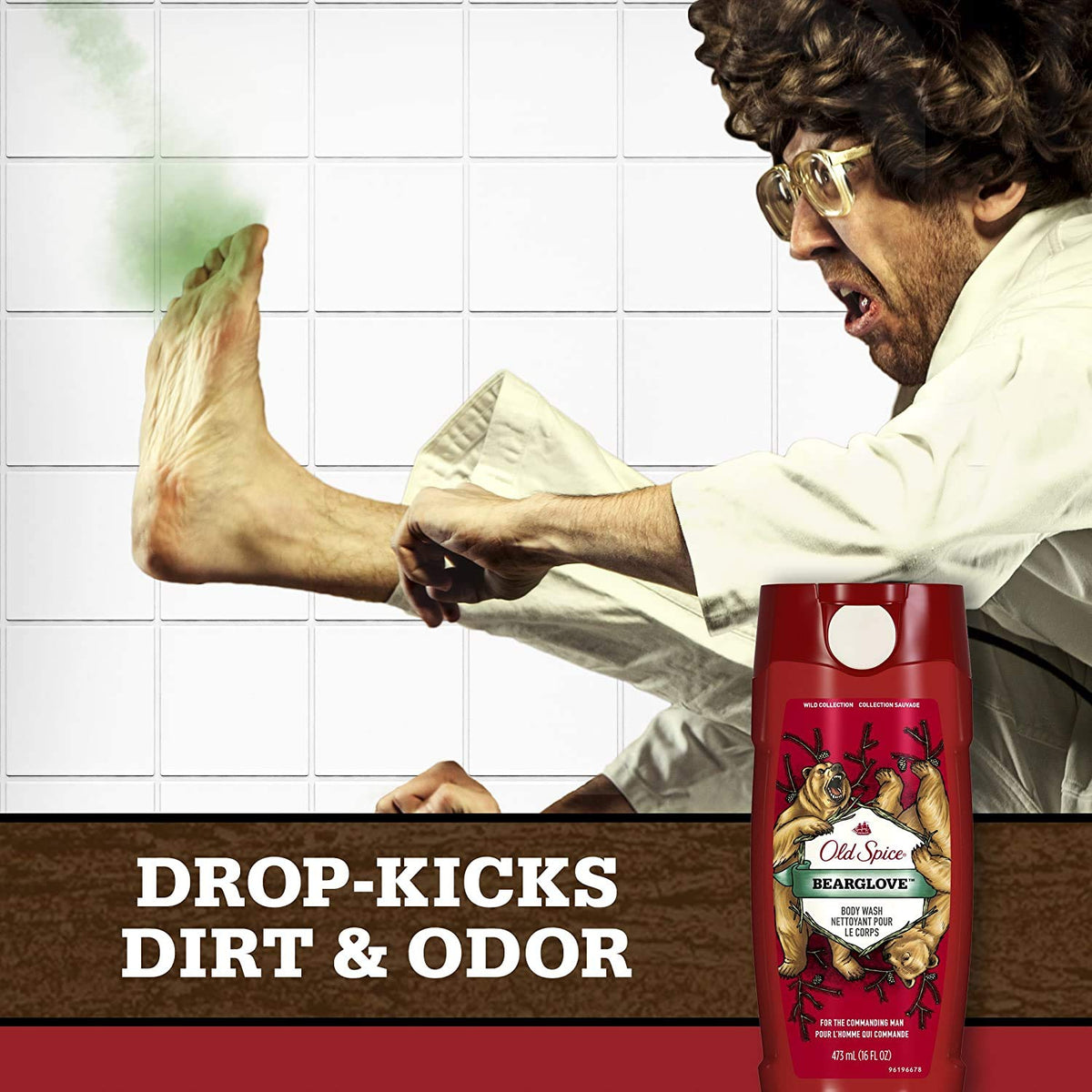 Old Spice Bearglove on bathroom shelf in lifestyle setting for daily routine