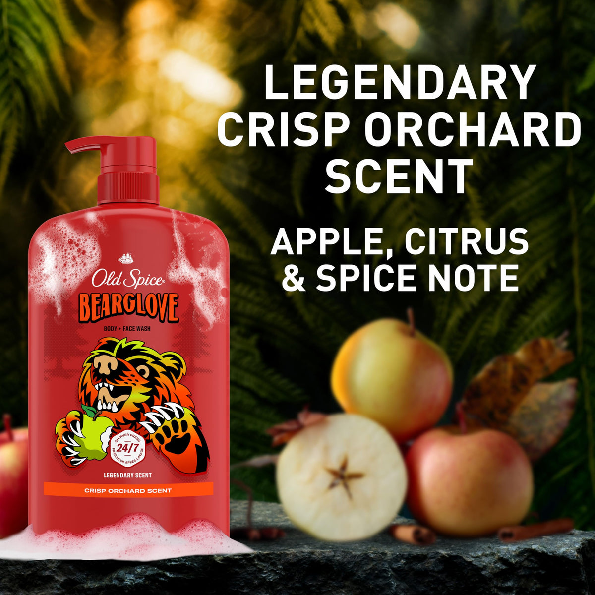 Old Spice Bearglove scent inspiration with apples and citrus conveying fresh fragrance