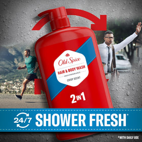 Old Spice label close-up highlighting the crisp scent and endurance benefits