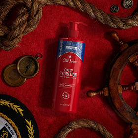 Old Spice bottle on bathroom shelf suggesting everyday grooming routine