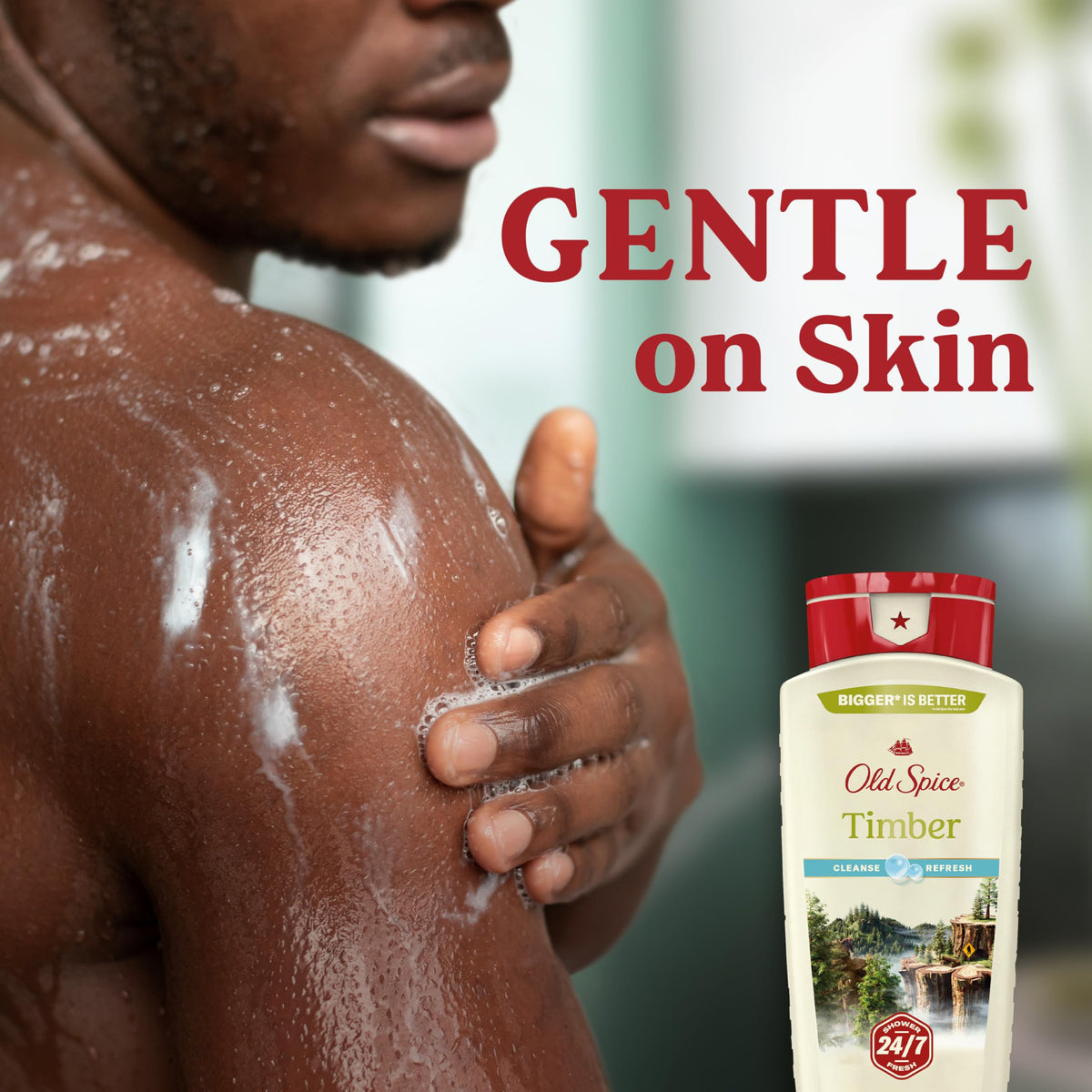 Old Spice bottle size comparison beside toiletries to show 18 oz scale