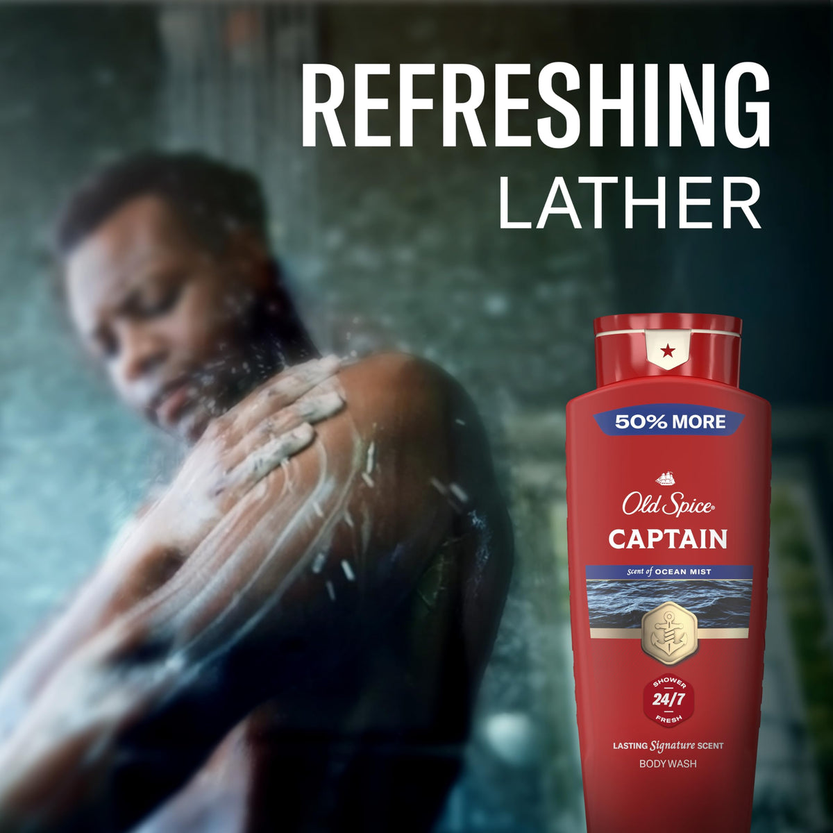 Old Spice bottle on shower shelf styled for visual appeal and daily grooming convenience