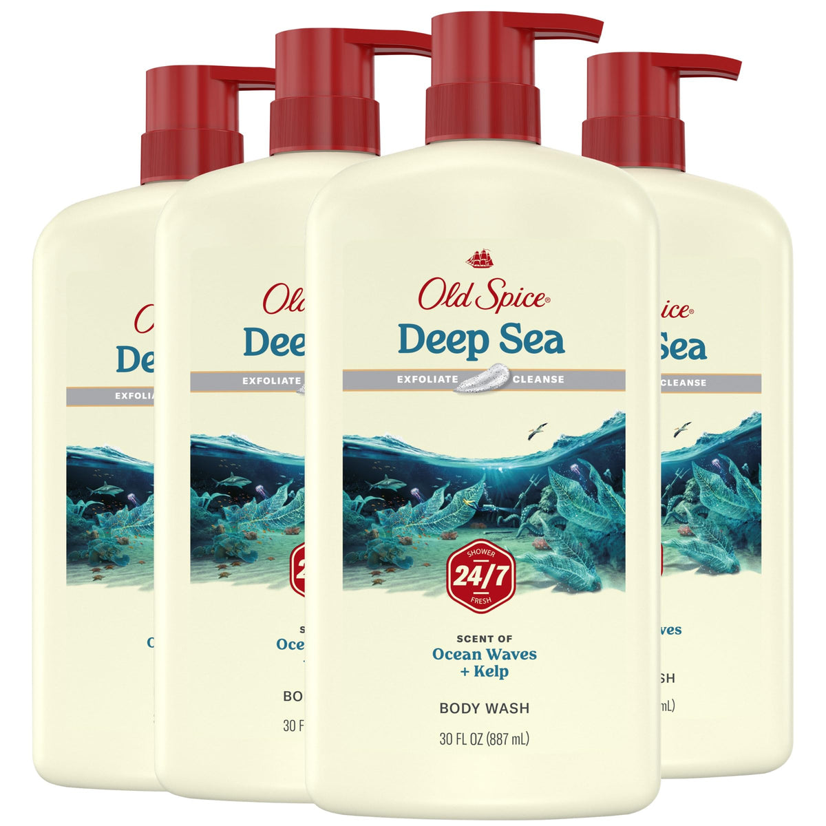 Old Spice bottle front packaging showing ocean waves scent benefit