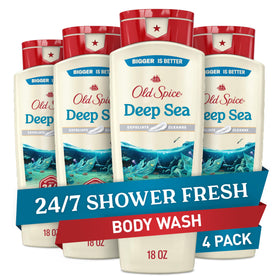 Old Spice bottle front view shows Deep Sea fragrance and lasting scent benefit