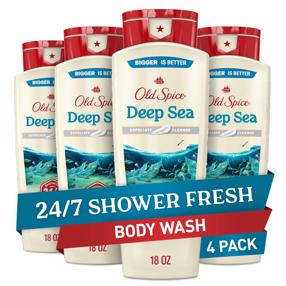 Old Spice bottle front view shows Deep Sea fragrance and lasting scent benefit