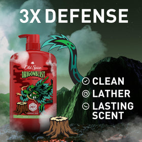 Old Spice Dragonblast back label displayed with usage directions and benefits for informed use
