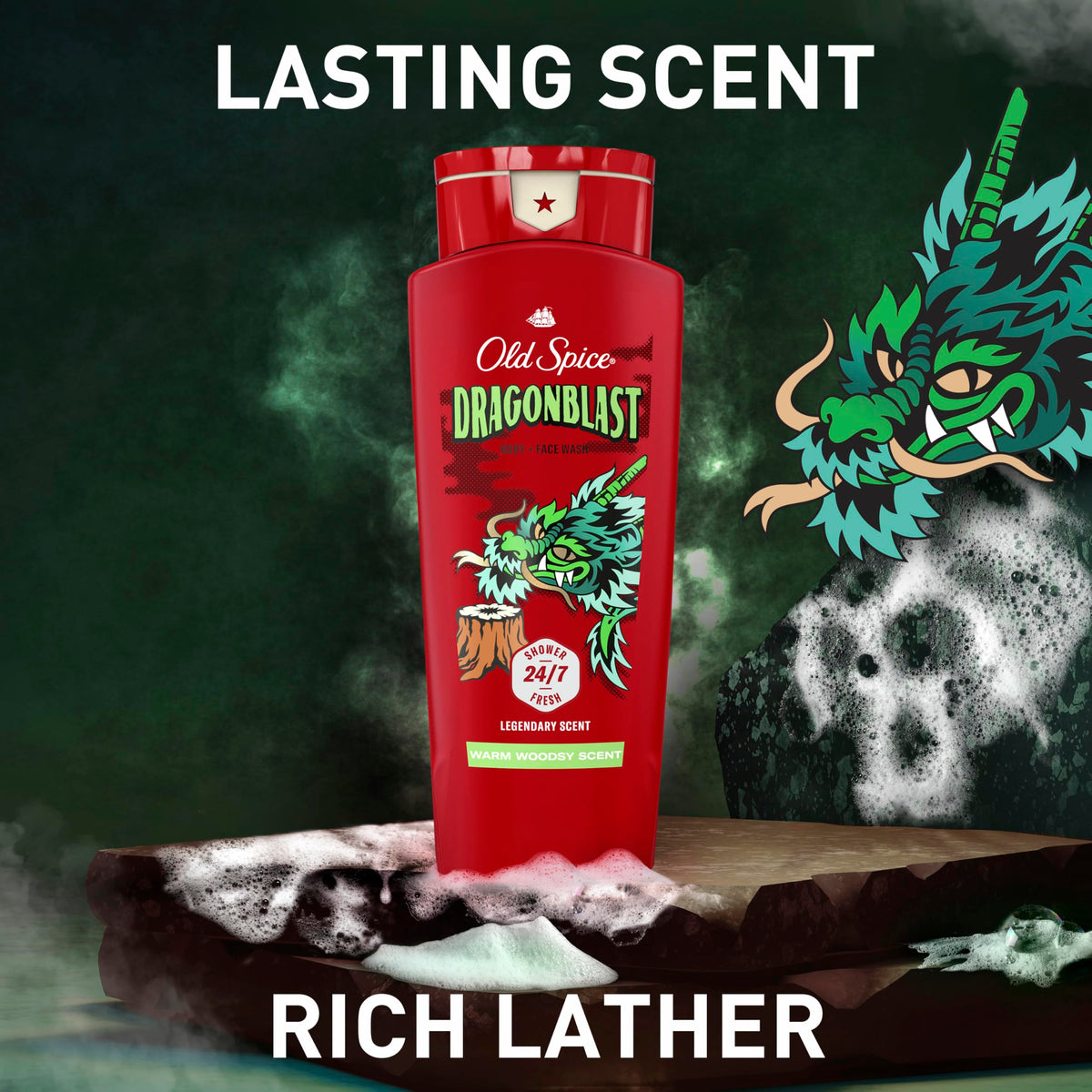 Old Spice Dragonblast bottle sitting on a shower shelf organized and ready to use