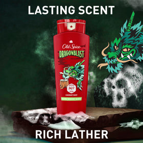 Old Spice Dragonblast bottle sitting on a shower shelf organized and ready to use