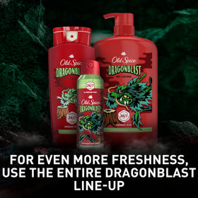 Four Old Spice Dragonblast bottles arranged as a pack for value and backup supply