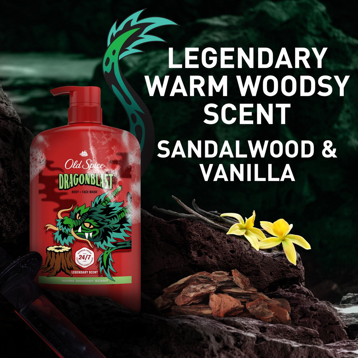 Old Spice Dragonblast four-pack stacked to show value and long-lasting supply advantage