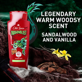 Sandalwood and vanilla concept beside Old Spice Dragonblast to suggest warm fragrance