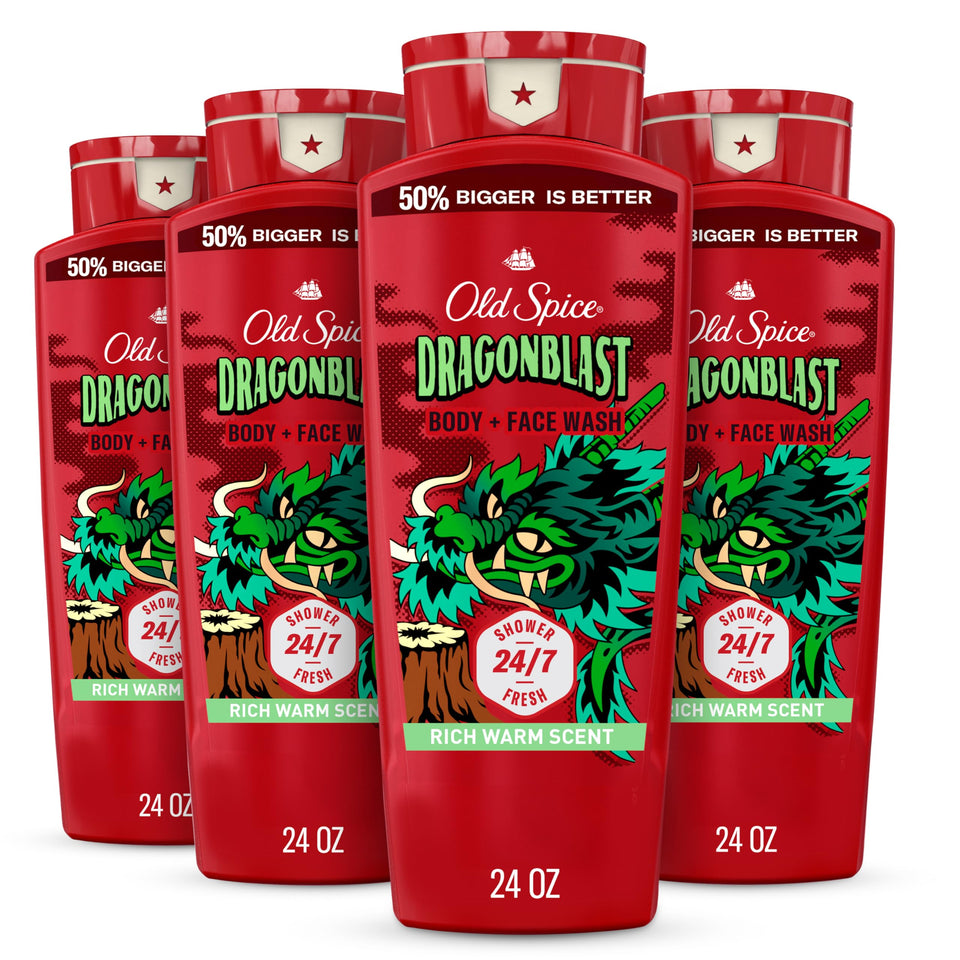 Old Spice Dragonblast front packaging showing bottle and label benefit long-lasting scent