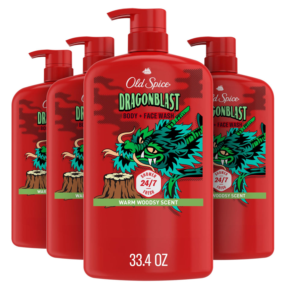 Old Spice Dragonblast front packaging showing bold bottle and scent name benefit of clear branding