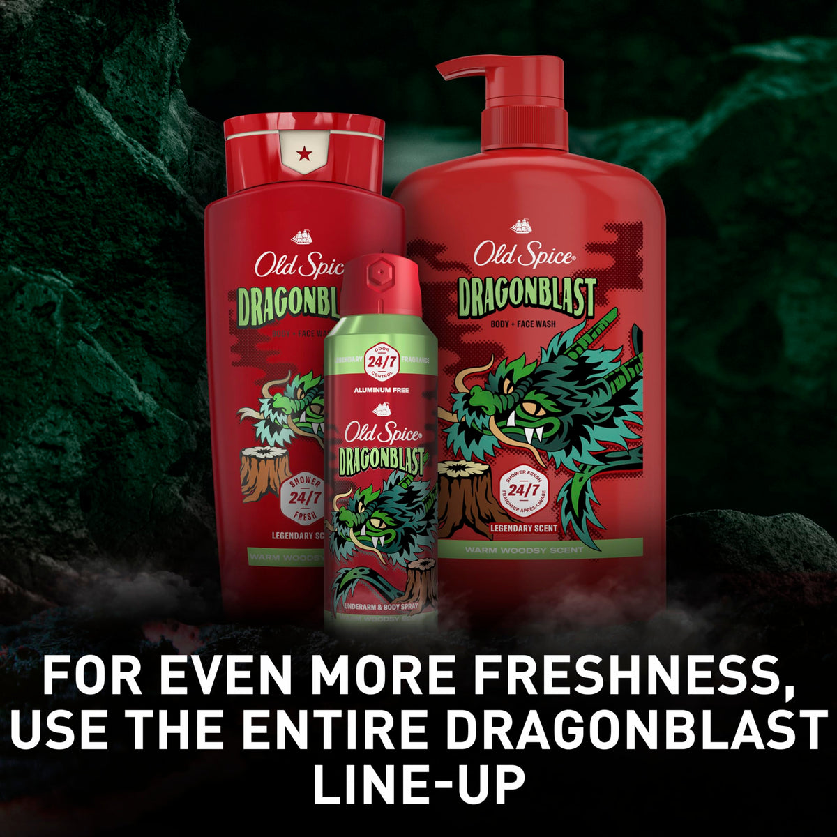 Old Spice Dragonblast ingredients and scent notes graphic explaining sandalwood vanilla fragrance benefit