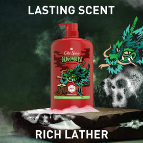 Old Spice Dragonblast bottle next to hand for size comparison and travel-friendly benefit
