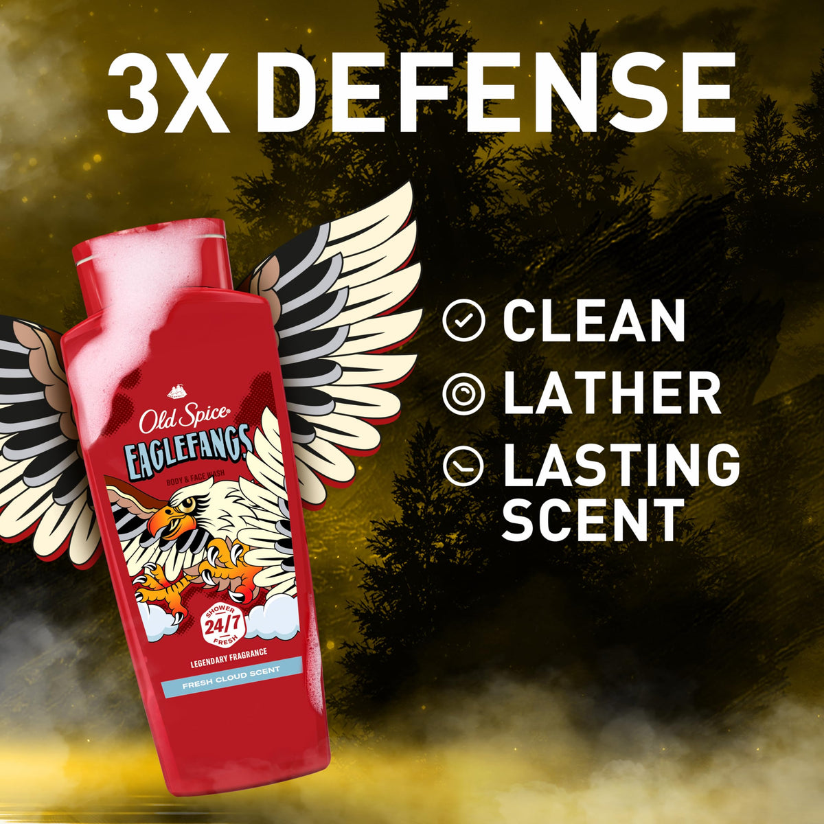 Old Spice Eaglefangs back label close-up highlighting ingredients and usage benefits