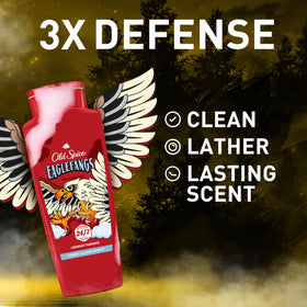 Old Spice Eaglefangs back label close-up highlighting ingredients and usage benefits