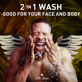 Old Spice Eaglefangs dispensing wash from bottle into hand to demonstrate easy pump