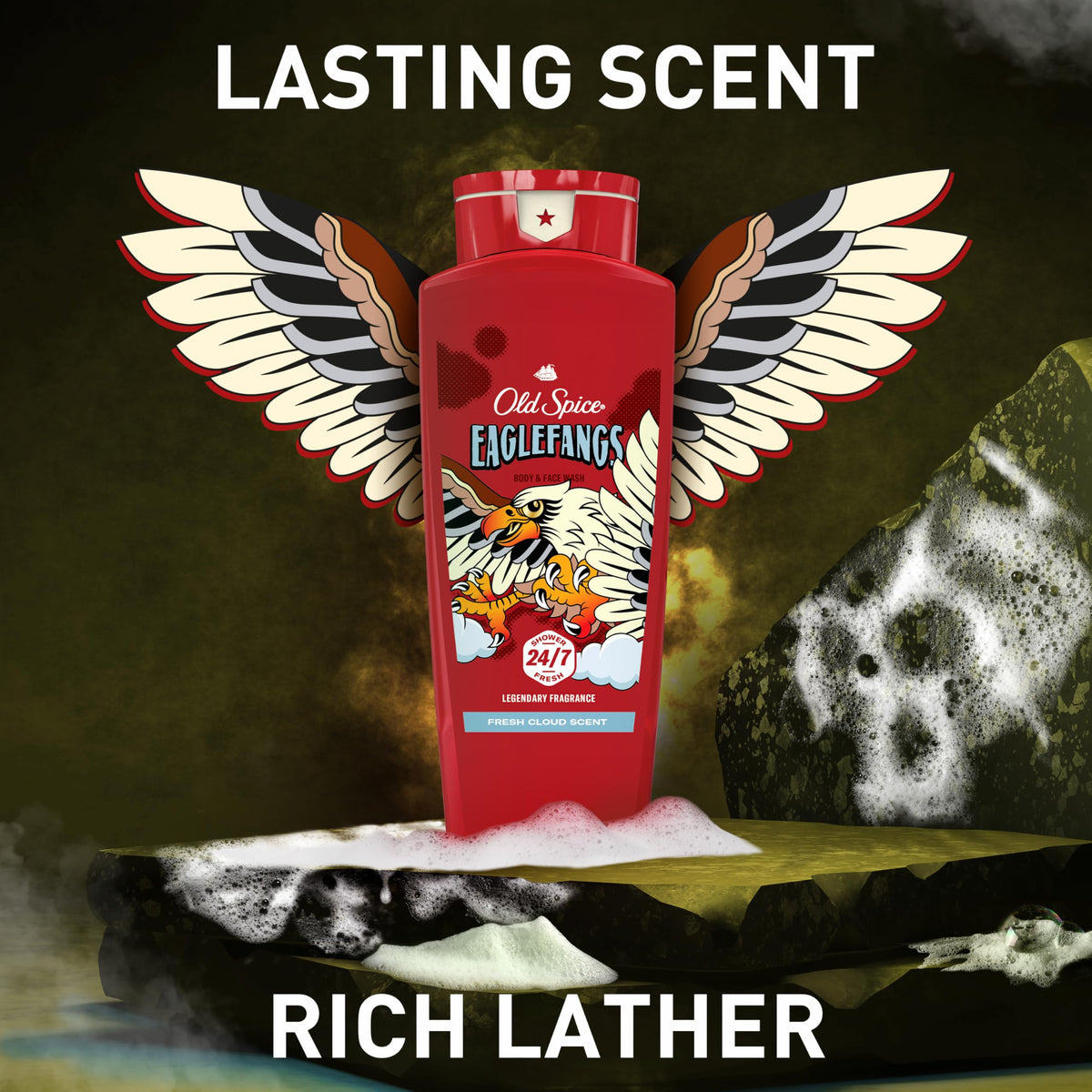 Old Spice Eaglefangs on shower shelf with towel conveying everyday bathroom convenience