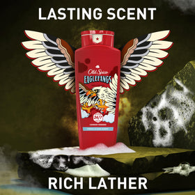 Old Spice Eaglefangs on shower shelf with towel conveying everyday bathroom convenience