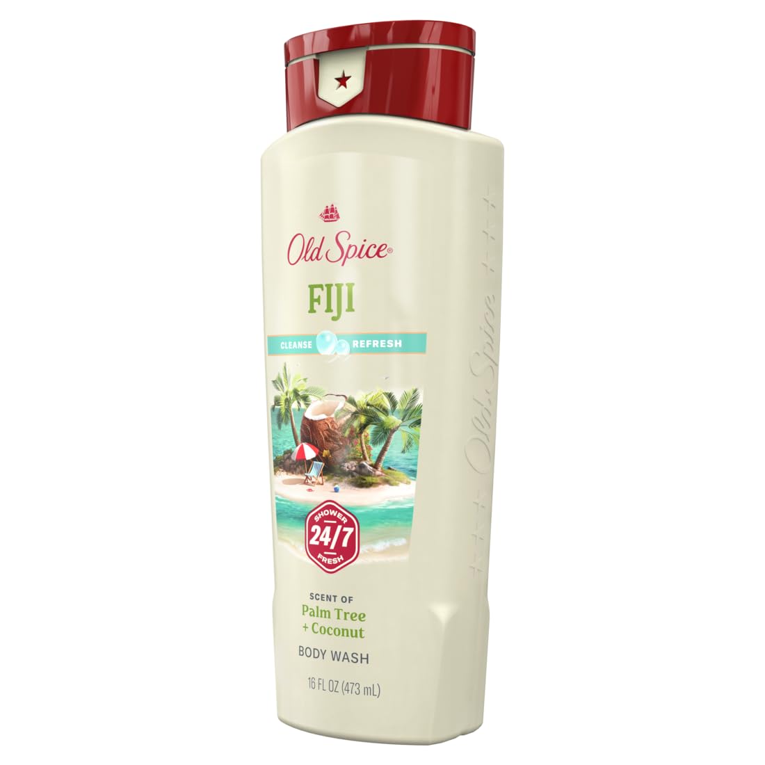 Old Spice Fiji bottle staged in bathroom setting showing size and travel-ready convenience
