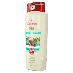 Old Spice Fiji bottle staged in bathroom setting showing size and travel-ready convenience
